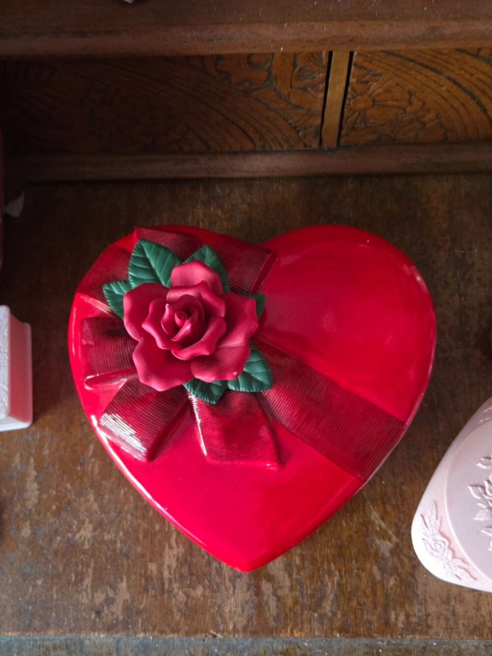 Vintage Red Heart Shaped Ceramic Trinket Box Retro Indie Cottage Gift